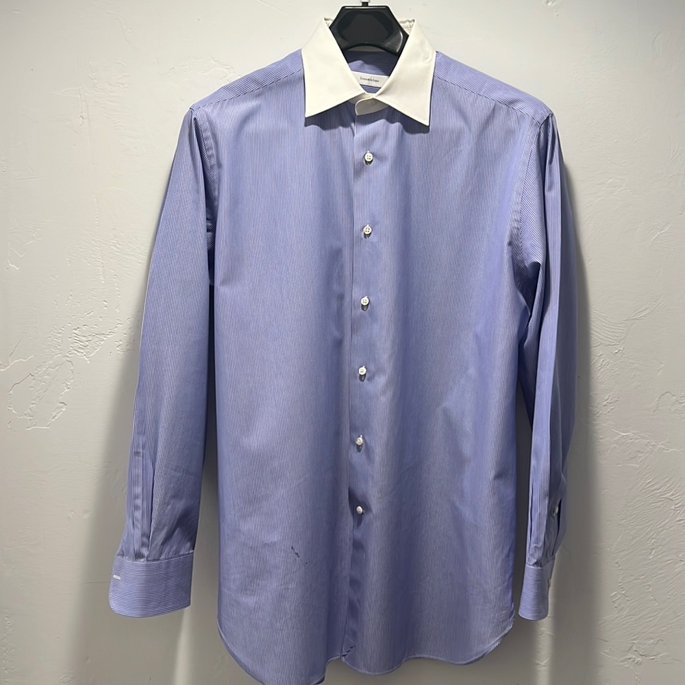 Vintage  Ermengildo Zegna blue white pinstriped white collar button up shirt